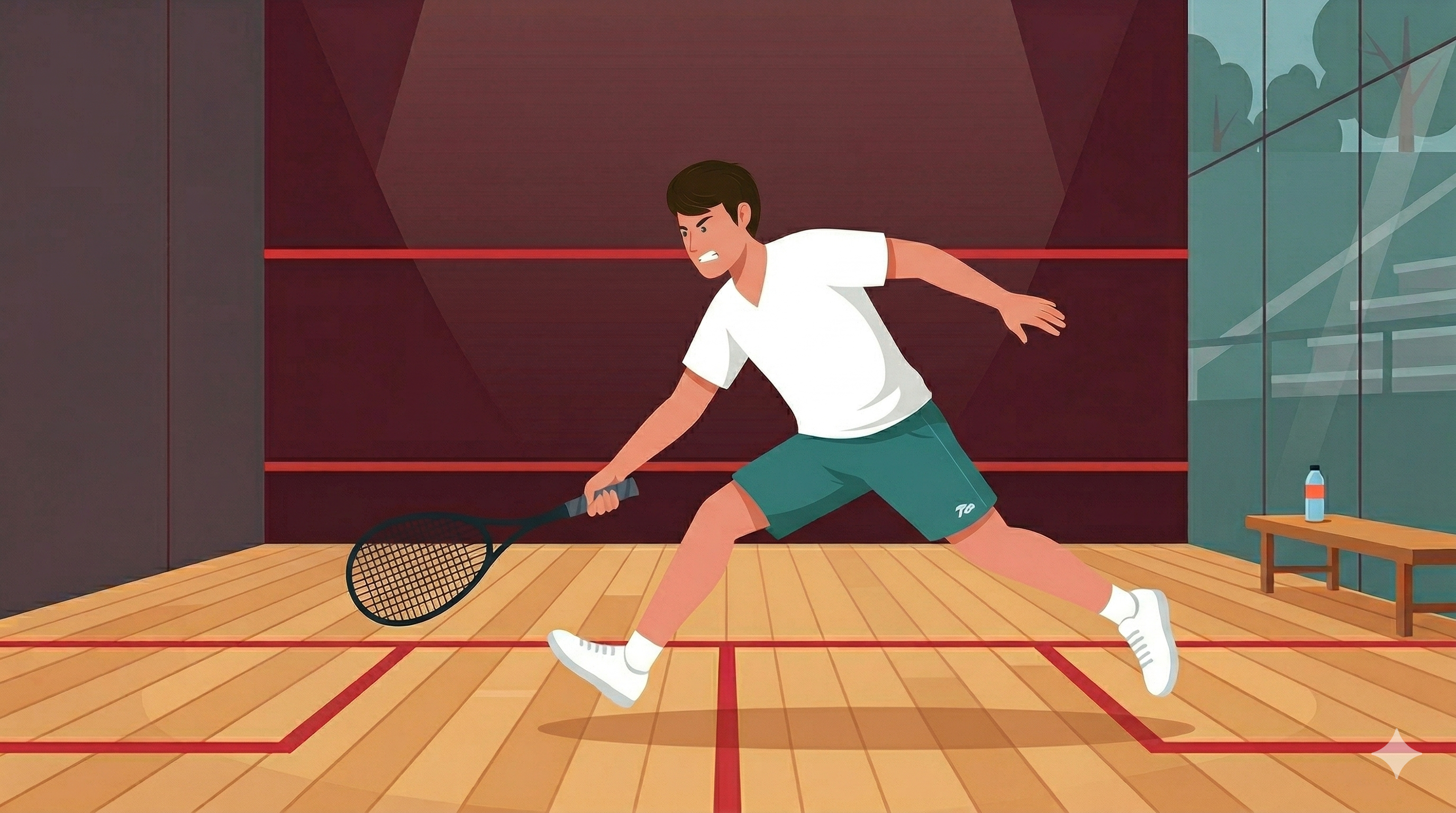 Squash racket and ball on court floor