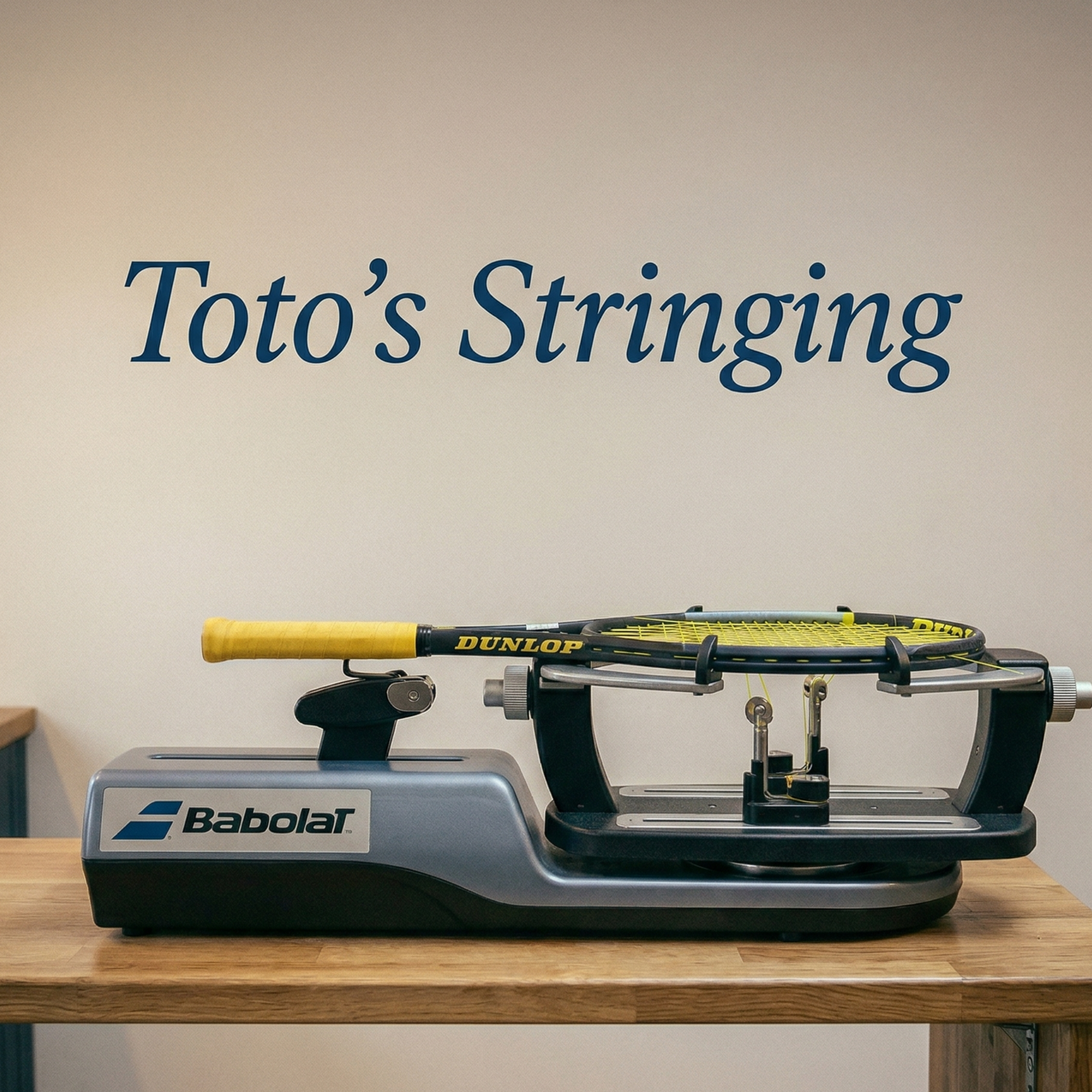 Close-up of a professional tennis racket stringing machine with neon green strings being tensioned in a warm lit workshop